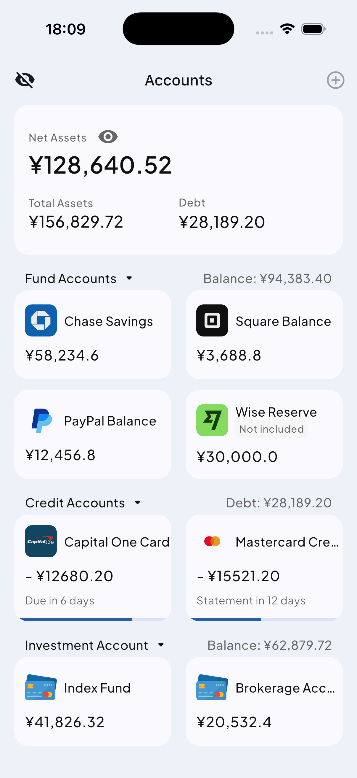Miney asset overview screen