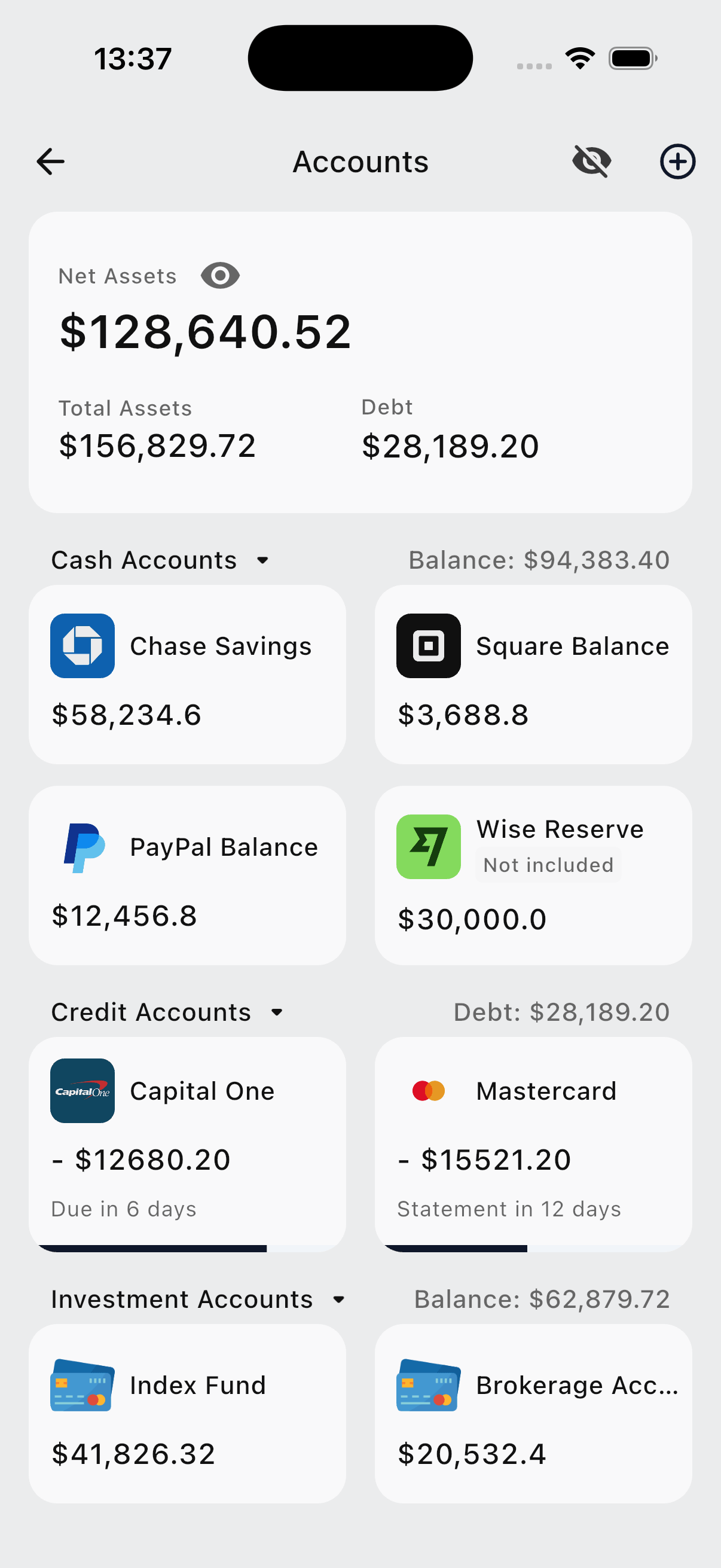 Miney asset overview screen